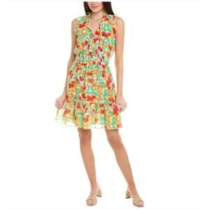 CABI Spirit Mini Dress Pink Green Orange Floral Pattern Ruffle Short Dress Med